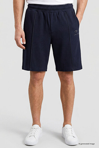 TOMMY LIFE Navy Blue Oversize Fit Basic Men's Shorts with Front Stitching Det...