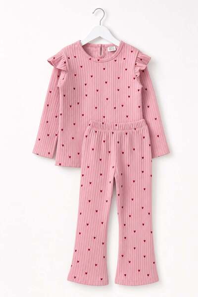 NOBLEKIDS Heart Patterned Ruffle Shoulder Blouse and Spanish Flare Leggings Set