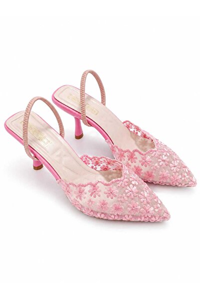 NiceDiffer Women's Lace Detailed Pointed Toe Open Back 7cm Thin Heeled Evenin...