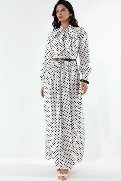 Merterium Women's Belted Polka Dot Hijab Dress 1537 - White