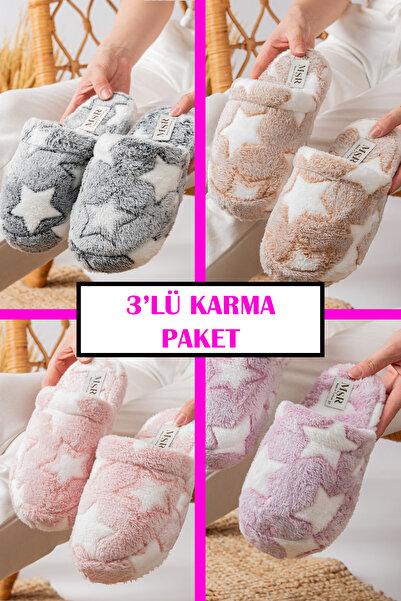 StWenn 3'lü Paket Ev Terliği Çeyiz Terliği Kışlık Terlik Ses Yapmaz Hafif Tab...