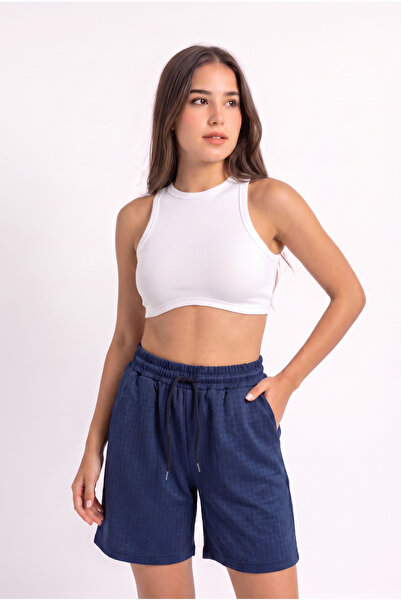 WeShaya Women's Navy Blue Cotton Drawstring Belted Tie-Up Elastic Waist Regul...
