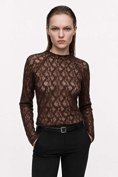 HAKKE Crew Neck Lace Transparent Blouse