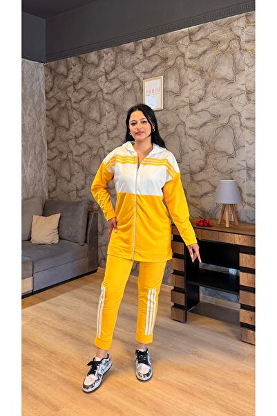 BURCU TESETTÜR Hooded Zippered Tracksuit Set with Stripe Detail - 1016