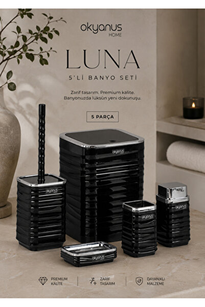 Okyanus Home Black Chrome Wavy Patterned Square 5-Piece Bathroom Set