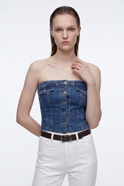 HAKKE Women's Denim Front Buttoned Strapless Bustier