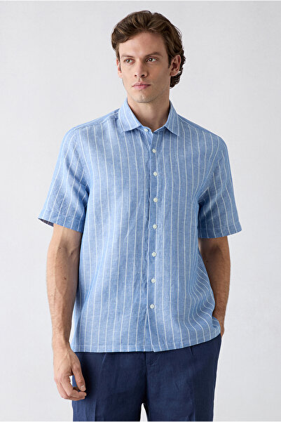 Kiğılı Short Sleeve Boxy Fit Linen Cotton Striped Shirt