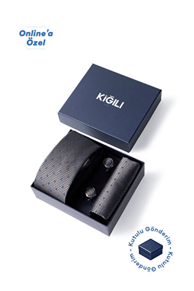 Kiğılı 3'lü Desenli Kravat & Mendil & Kol Düğmesi Hediye Kutulu Set