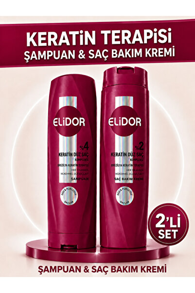 Elidor Keratin Düz Saç Kompleksi Şampuan 400 ml + Saç Bakım Kremi 350 ml 2'li...
