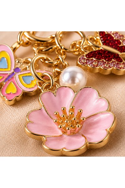 Hilosh Pink Floral Double Butterfly and Pearl Detailed Gold Color Keychain and Bag Accessory