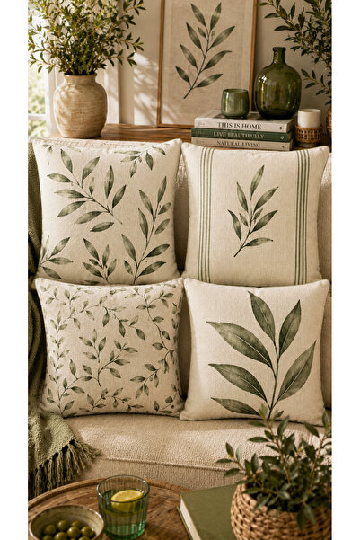 Nari Collections Yeşil Yaprak Desenli 4’lü Kırlent Kılıfı 43x43 cm Süet Kumaş...