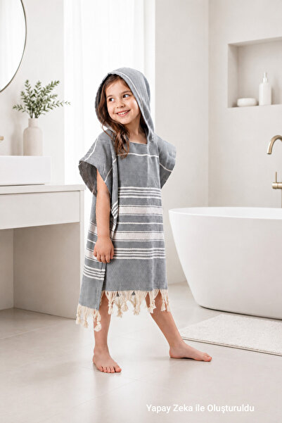 HOMENUP Cotton Children's Bathrobe Poncho Peshtemal 100% Cotton Beach Towel Gray