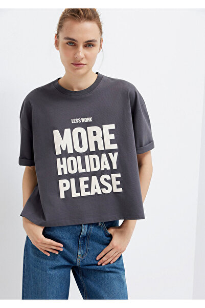 Mavi Anthrazitfarbenes T-Shirt mit Slogan-Print, Boxy Fit 1613922-80932