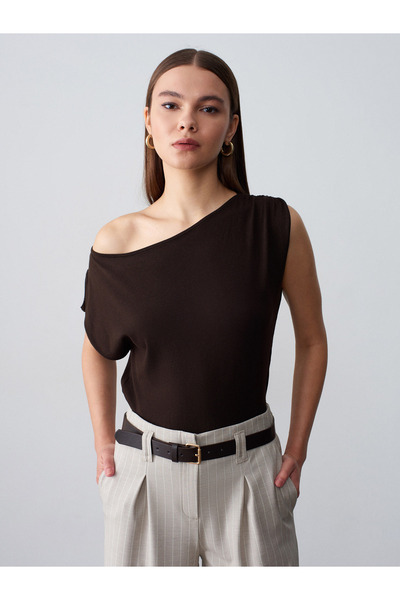 Dilvin 10870 Μπλούζα από μείγμα Lyocell με ντραπέ σχέδιο - Σκούρο καφέ