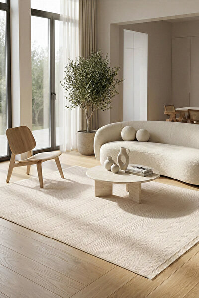 Çağ Halı Krem Vellora Lume Minimal Kabartma Desen Akrilik Halı