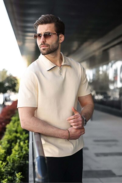 Madmext Μπεζ ανδρικό μπλουζάκι με λεπτομέρεια με μισό φερμουάρ και λαιμόκοψη ...