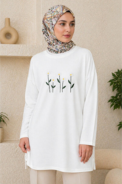 FERHEL Women's Daisy Embroidered Crew Neck Combed Cotton Tunic - White