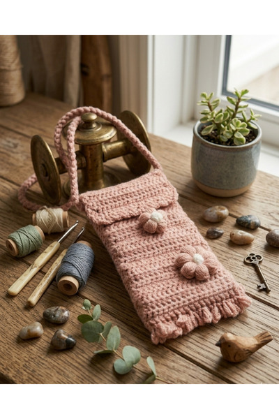 ih ihra Hand Knitted Floral Phone Bag - Motifed Neck Strap Bag
