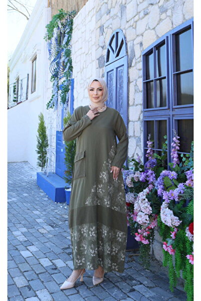 NİSUM MODA Βαμβακερό λινό φόρεμα με διχτυωτό ύφασμα και τσέπες