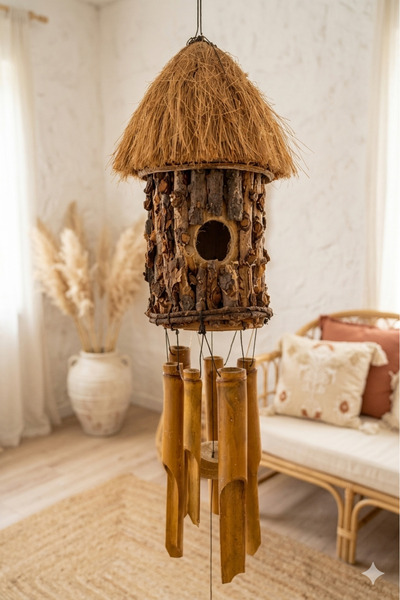 dase home El Yapımı Doğal Bambu Rüzgar Çanı - Kuş Yuvası Tasarımlı Egzotik Ba...