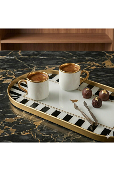Vivyano Decoration Lux Concept Kuş Figürlü Siyah Beyaz Çizgili Oval Sunum Tep...