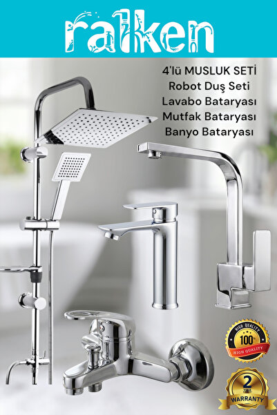 RALKEN 4’lü Batarya Seti Krom Pirinç Banyo Sabit Lavabo Kare Mutfak Eviye Mus...