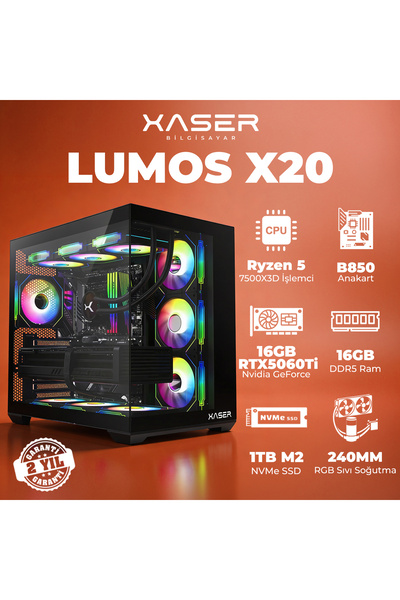 XASER Lumos X20 Ryzen 5 7500X3D 16GB DDR5 Ram 1TB M.2 NVMe SSD 16GB RTX5060 T...