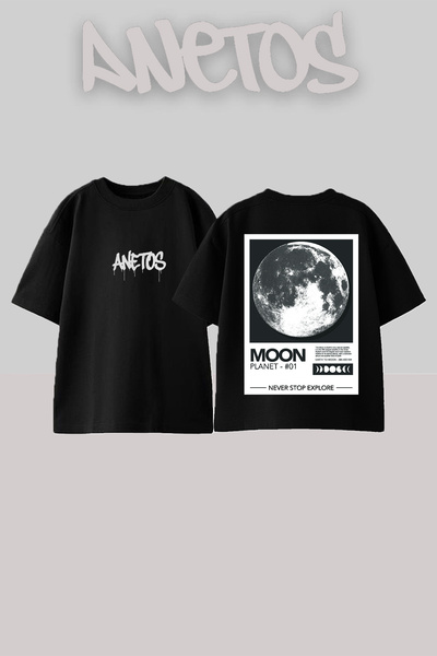 Anetos Μπλουζάκι Moon Planet Design με στάμπα στην πλάτη, βαμβακερό μαύρο ove...