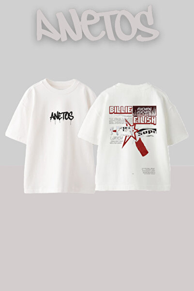 Anetos Μπλουζάκι Billie Eilish 8 Design Back με τύπωμα Cotton White oversized