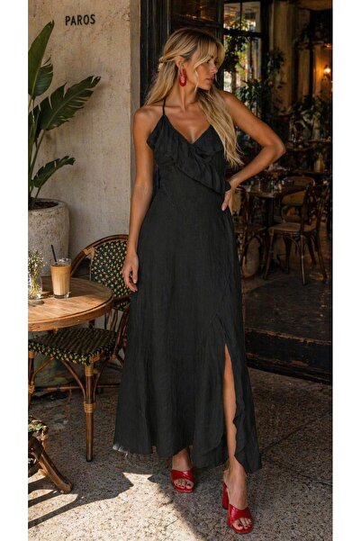 LaraLisa Λινό φόρεμα με σχισμή και βολάν, με ρυθμιζόμενο λουράκι, γυναικείο κ...