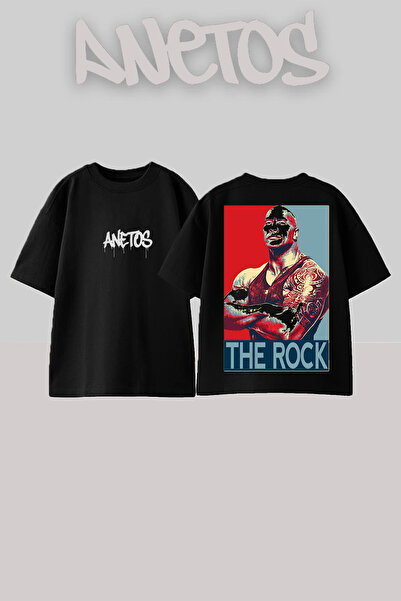 Anetos تي شيرت قطني أسود كبير الحجم مطبوع من الخلف بتصميم The Rock