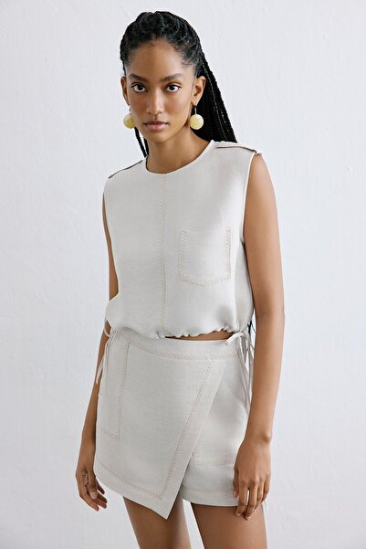 Rue Studio Keten Kontrast Dikişli Crop Bej Bluz