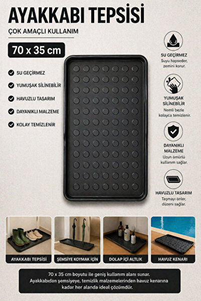 BLACK Çok Amaçlı Havuzlu Mat 70x35 cm Ayakkabı Tepsisi Şemsiye Altlığı Dolap ...