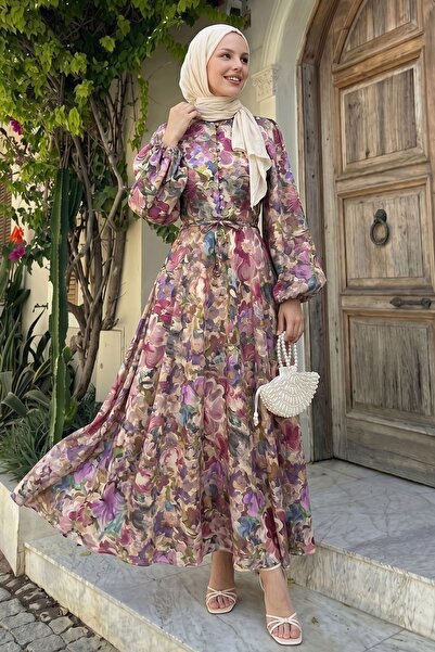 InStyle Φόρεμα από σιφόν με μανίκια μπαλόνι και λουλούδια σε χρώμα Dusty Rose