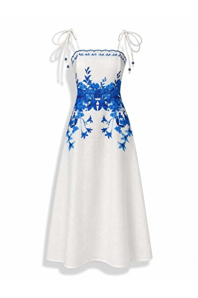 5in1Canpolat Μπλε φόρεμα με λουράκια και σχέδιο λουλουδιών 013