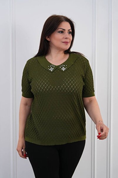 D LAVELLA Büyük beden taş detaylı merserize triko bluz