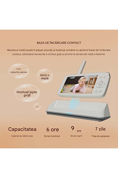 CerCip Cameră video pentru bebeluși 2-în-1 KB11, Monitor și telefon pentru bebeluși, Detecție mișcare/sunet, Temperatură, Umiditate, Cântece de leagăn, Cloud + SD, Senzor de noapte, LCD, Fără fir, 3MP