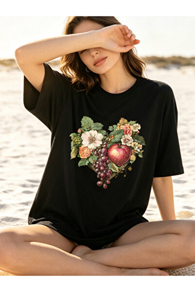 Fleck Womens T Shirts Fruit And Flower Heart Print Casual Loose Fit Summer Top