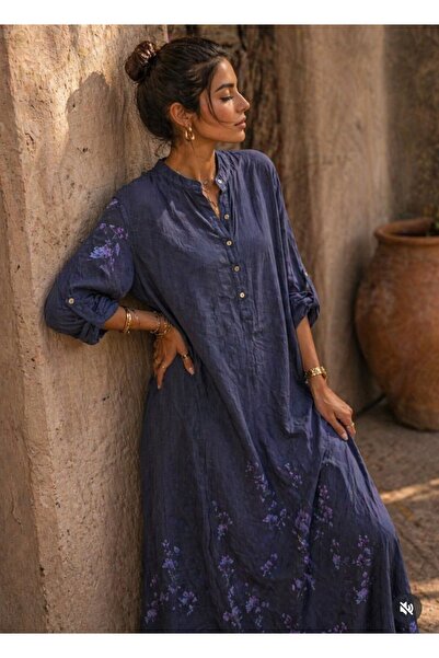 espoire butik kadın italyan keten uzun oversize elbise 42 44 46 48
