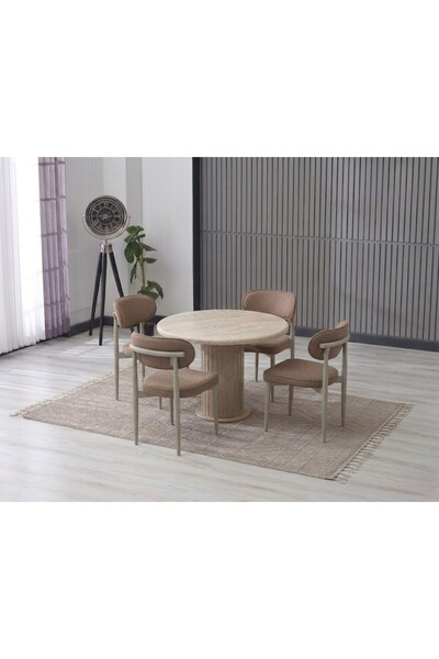 JoyMassa LİNA BOHEM 90x90 TRAVERTEN YUVARLAK MASA & 4 POLO SANDALYE SETİ