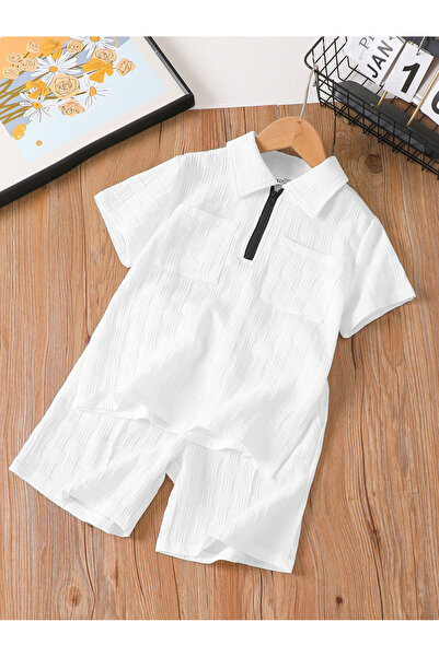 Take Two By Styli Boys White Texture Short Sleeve T-Shirt and Shorts Set