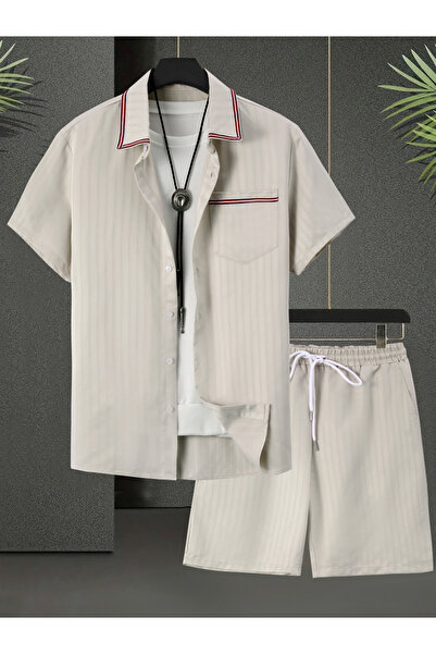 Take Two By Styli Men Beige Striped Short Sleeve Button Front Shirt and Short...