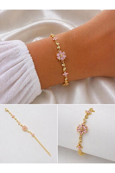shop Gold Pembe Taşlı Çiçek Figürlü Zarif Kadın Bileklik