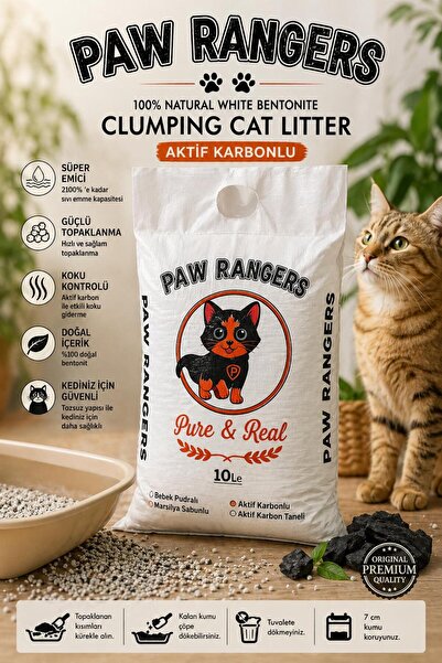 Paw Ranger Pure&Real PAW RANGERS Aktif karbonlu Topaklanan Kedi Kumu 10L Güçl...