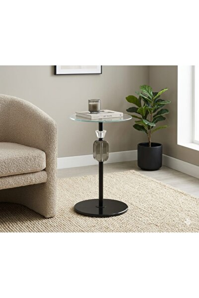 Generic Luxury Glass Side Service Table with Marble Base and Steel Column - M...