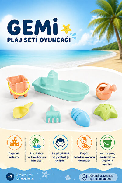 YILDIRIM OYUNCAK 7 Parça Gemi Plaj Seti Oyuncağı – Kova, Kürek, Tırmık ve Kum...