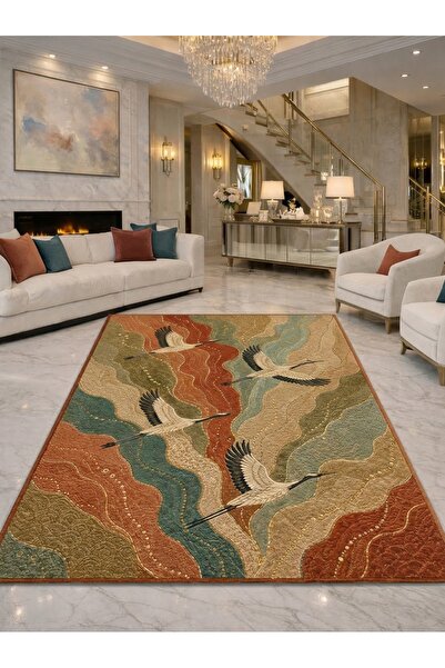 Rugs Modern Halı SDT Turna Kuşları Dalga Desenli Kiremit Bej Yeşil Tonlu Doku...