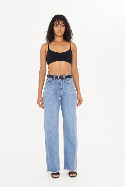 cracpot Kadın Mavi Wide Leg Jean Pantolon – Yüksek Bel %100 Cotton Geniş Paça