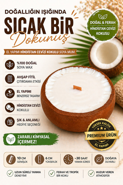 ardesta Hindistan Cevizi Kokulu Doğal Soya Mum Ahşap Fitilli El Yapımı Dekora...