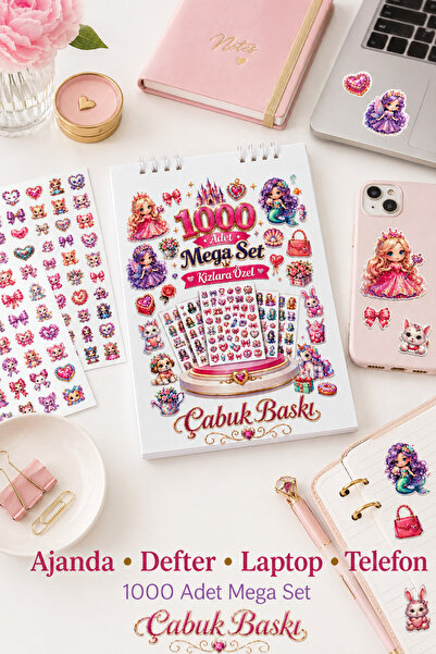 cabuk baskı 1000 Adet Sticker Seti Kızlara Özel A5 Spiralli Defter 16 Sayfa Kuşe Etiket Ajanda Laptop Telefon